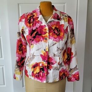 CHICO'S ADDITIONS LIGHTWEIGHT JACKET WHITE PINK FLORAL FLOWERS WOMEN 2 LARGE